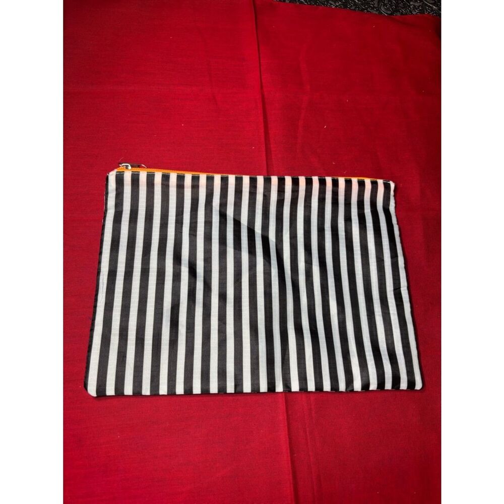 Black and White Striped Zipper Pouch with Trim